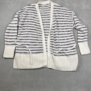 Barbour Sweater Womens Large White Navy Striped Cardigan Open Front Belted